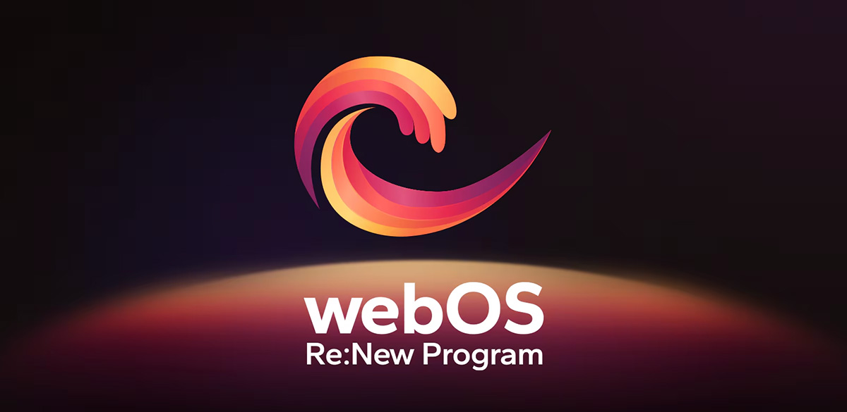 Το λογότυπο webOS Re:New Program εμφανίζεται μπροστά από ένα μαύρο φόντο με κίτρινη και πορτοκαλί, μωβ κυκλική σφαίρα στο κάτω μέρος. 